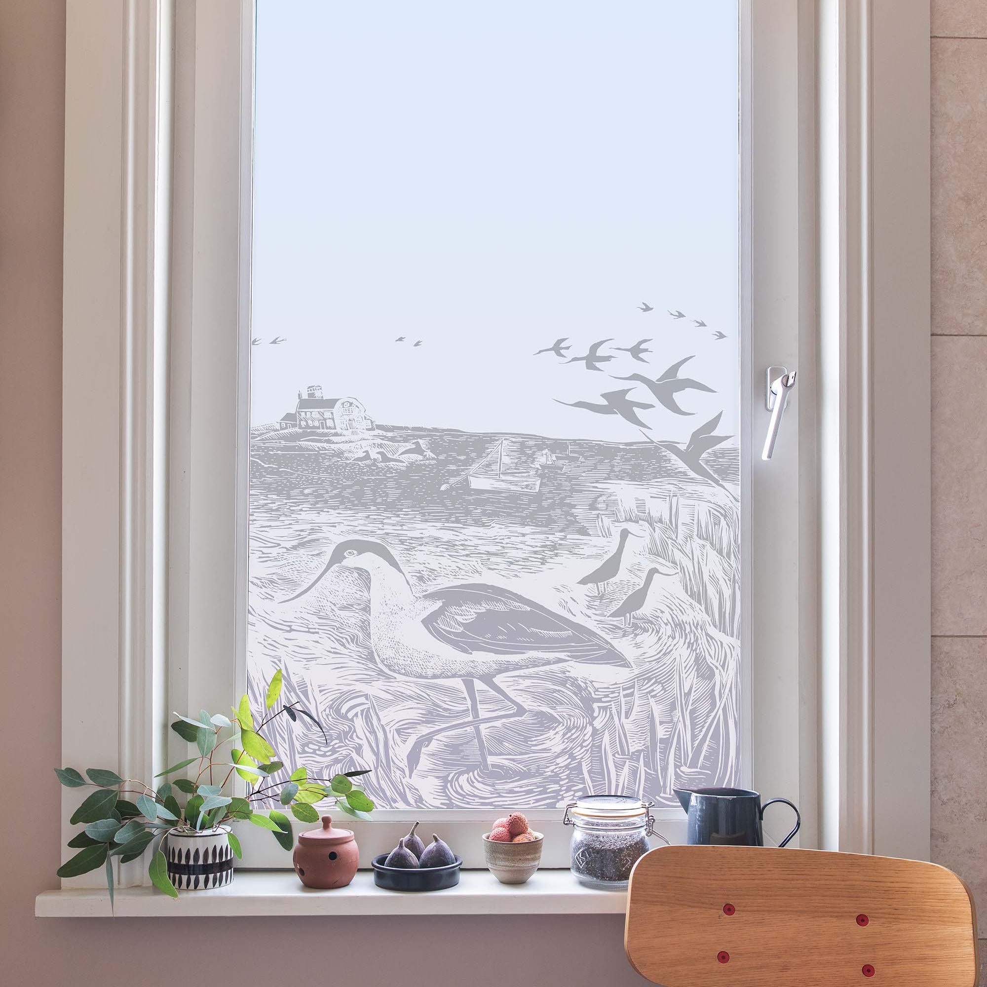 Frosted film Picture Window with avocet