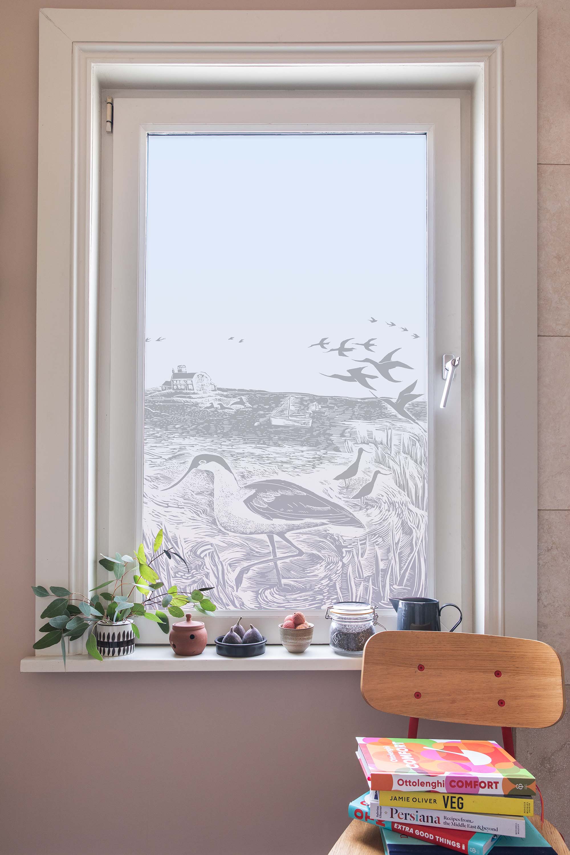 Frosted film Picture Window with avocet