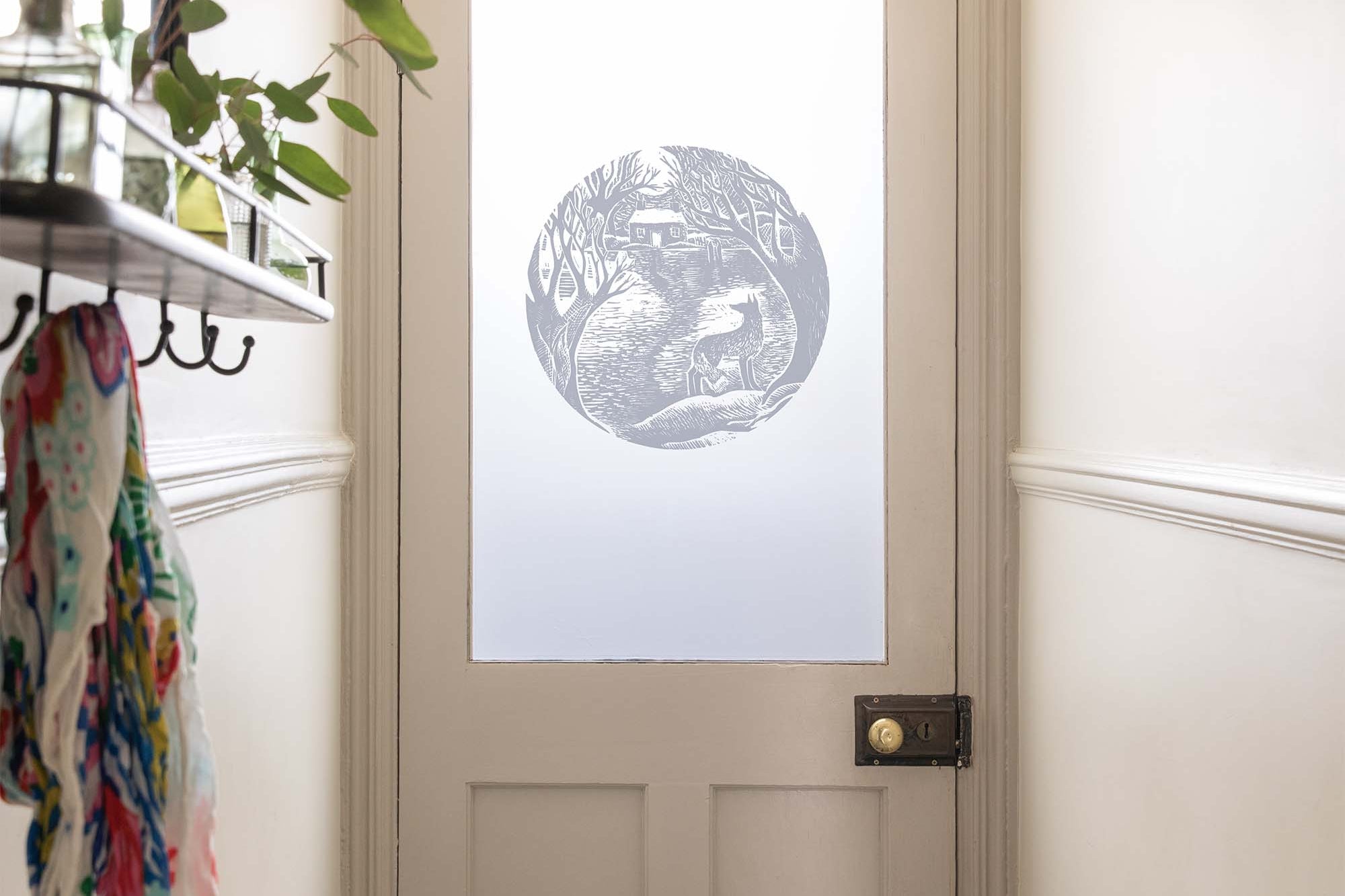 Decorative glass window film with fox in spotlight