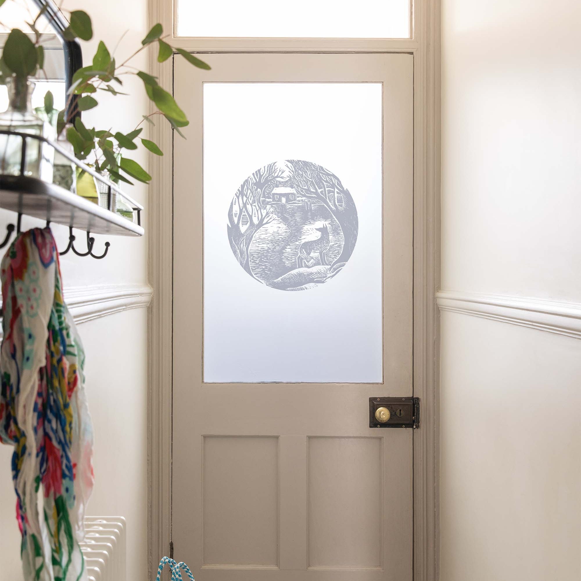 Decorative glass window film with fox in spotlight