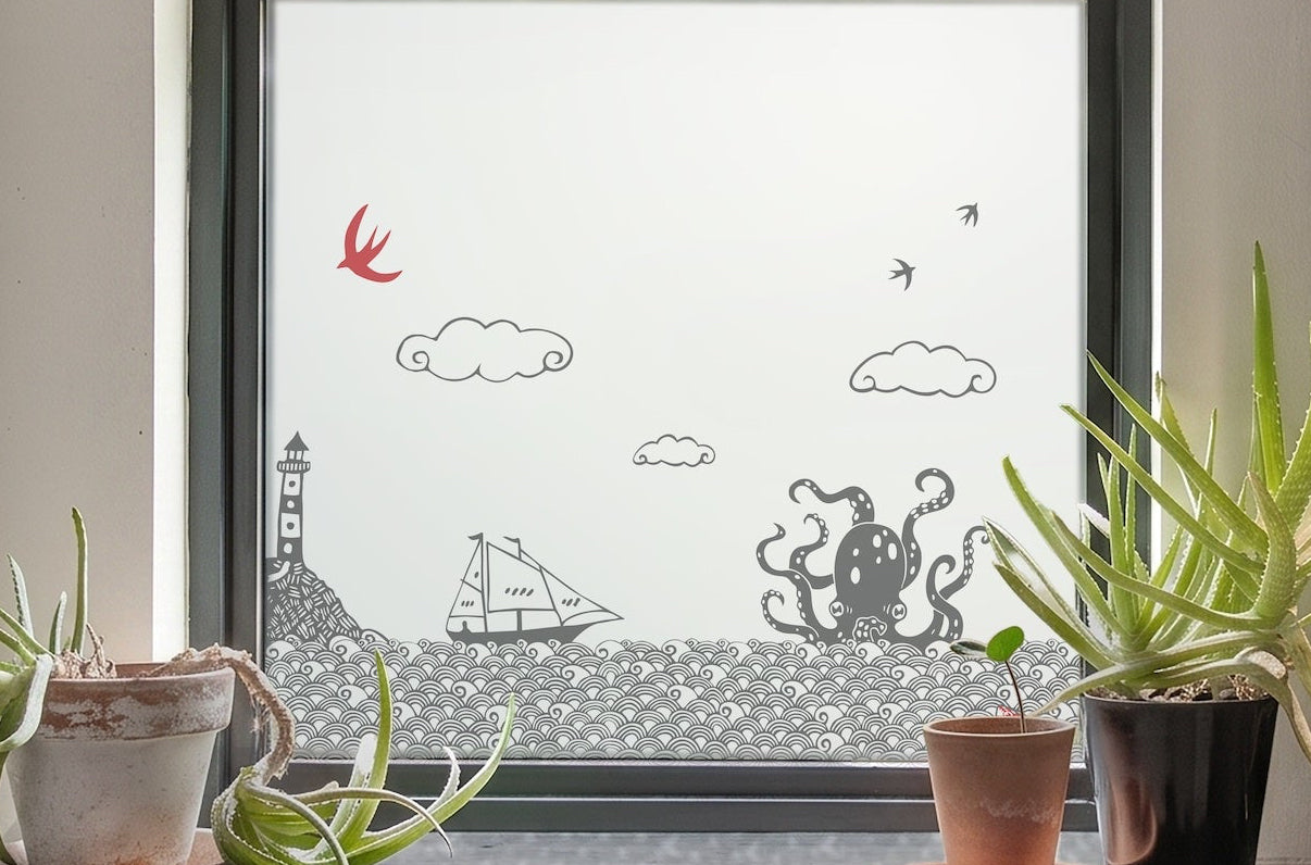 Octopus , Ship, Light house window in bathroom