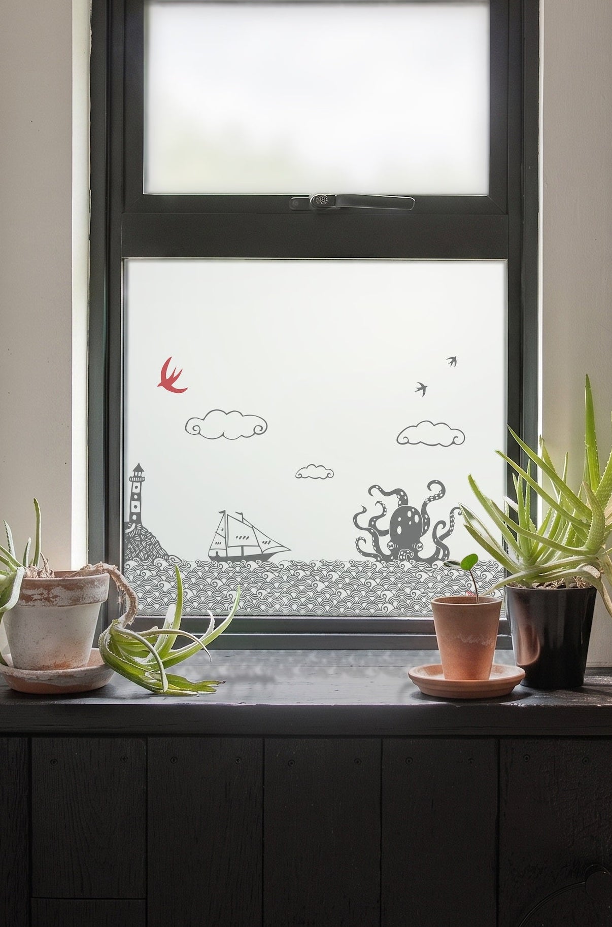 Octopus , Ship, Light house window in bathroom